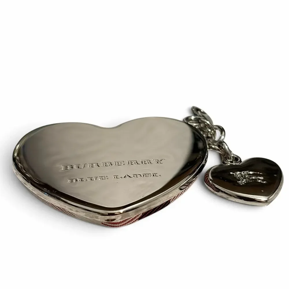 Burberry Blue Label Nova Check Heart Bag Charm Keychain Silver Tone Fob
